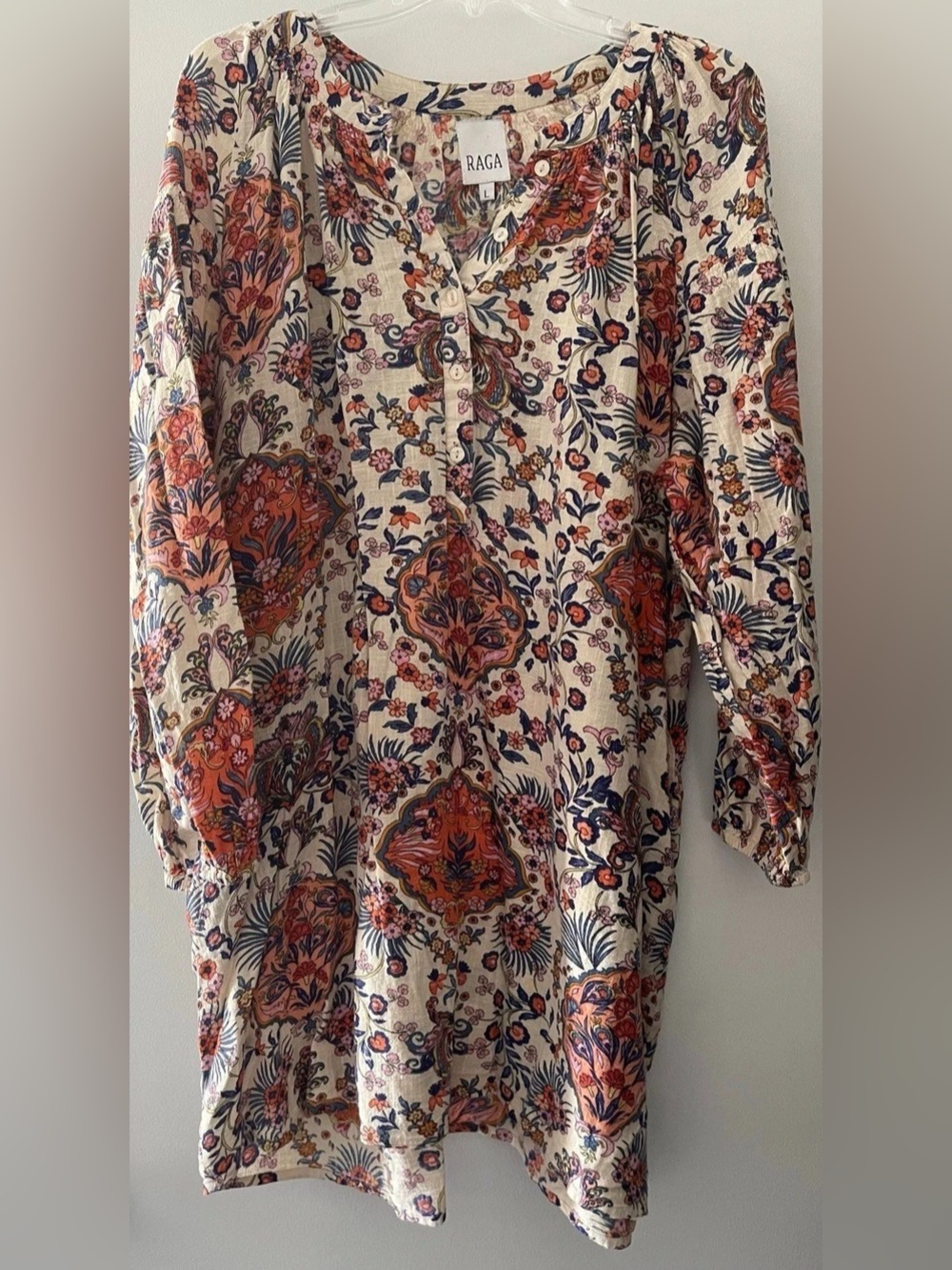 RAGA KNEE-LENGTH FLORAL BOHO BUTTON FRONT DRESS W/ POCKETS LADIES SIZE LARGE